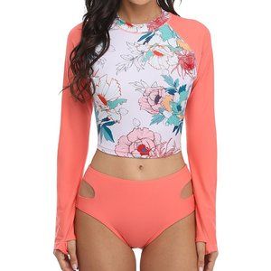 NWT Charmo | Coral Tropical Thumbhole-Sleeve Rashguard Top & Bottoms - XL
